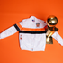 Detroit Pistons 1990 Championship Anniversary Ty Mopkins Starter Jacket Pictured with NBA Championship Trophy