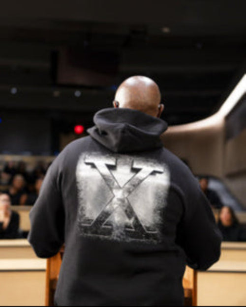 Model Wearing Detroit Pistons Malcolm X Emerging X Hoodie - Back Detail