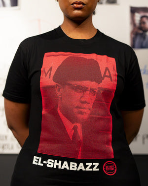 Model Wearing Detroit Pistons Malcolm X El Shabazz T-Shirt - Close Up Front View